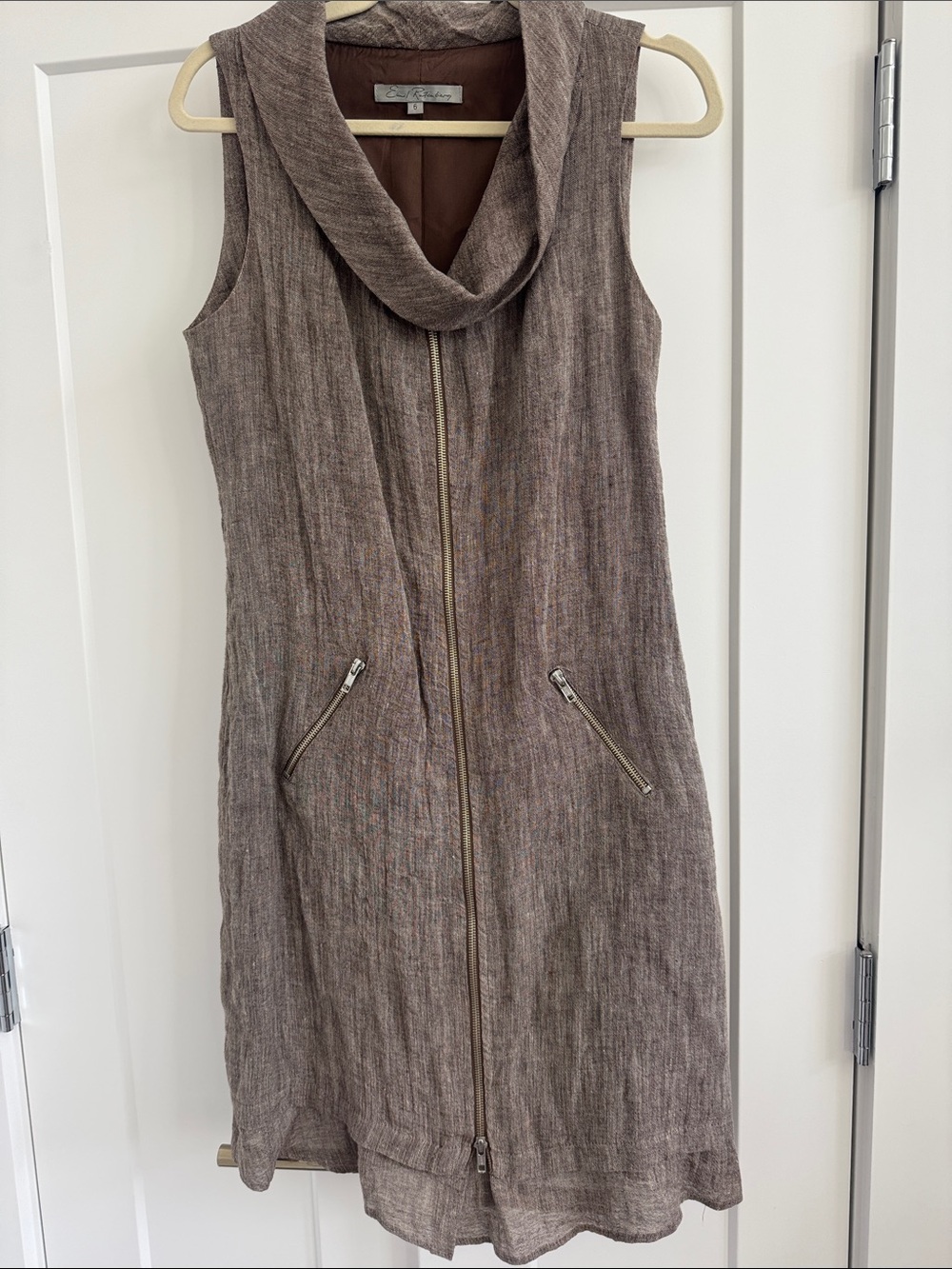 Cowl-Neck Sleeveless Mini Dress in Taupe with Zip Front